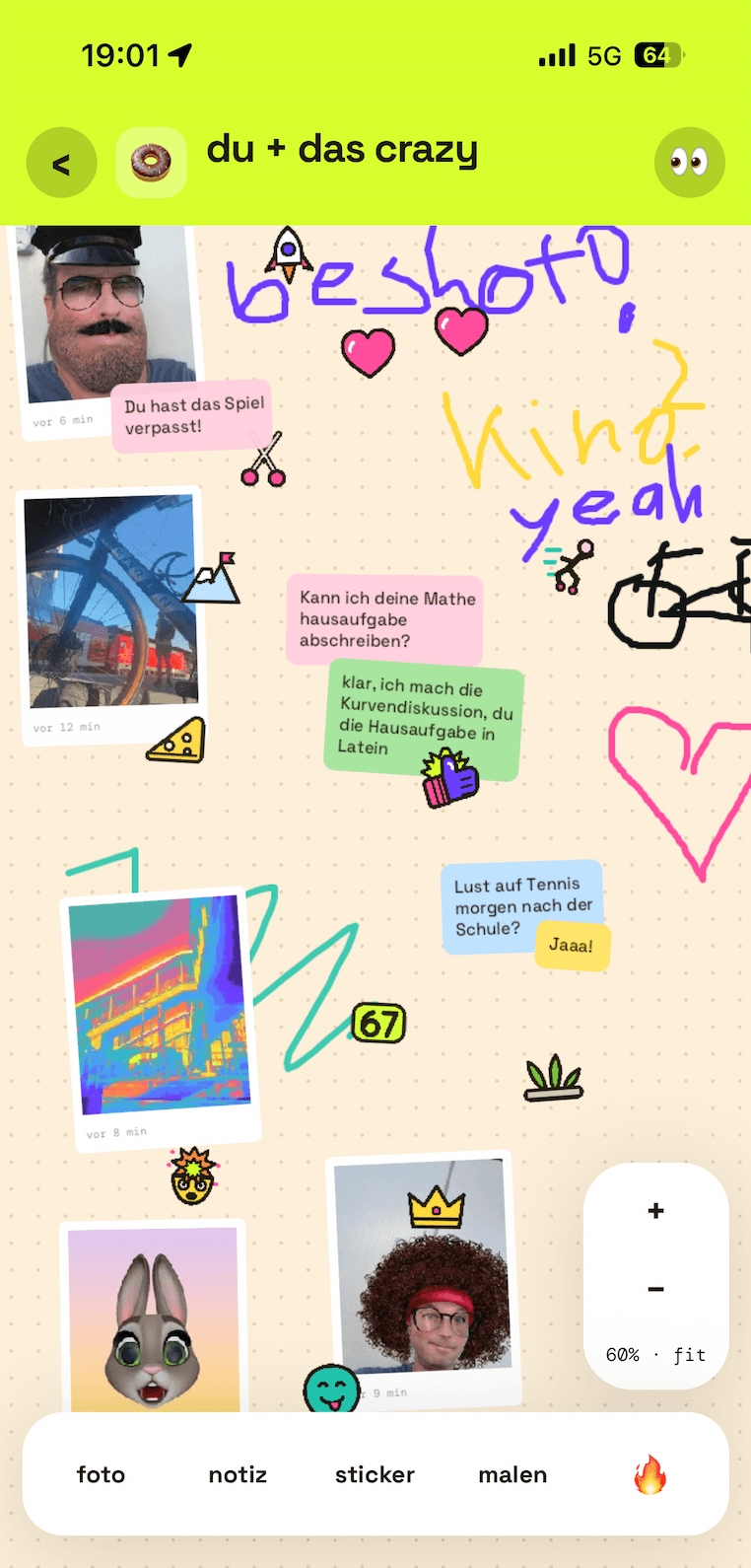 beshot auf dem Handy: eine Wall mit Fotos, Notizen und Stickern